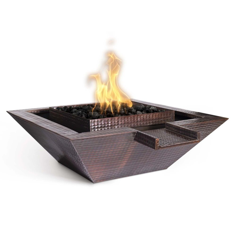 The Outdoors Plus OPT-SQ36FANDWE12V-LP 36" Maya Hammered Copper Fire & Water Bowl - Gravity Spill - 12V Electronic Ignition - Liquid Propane